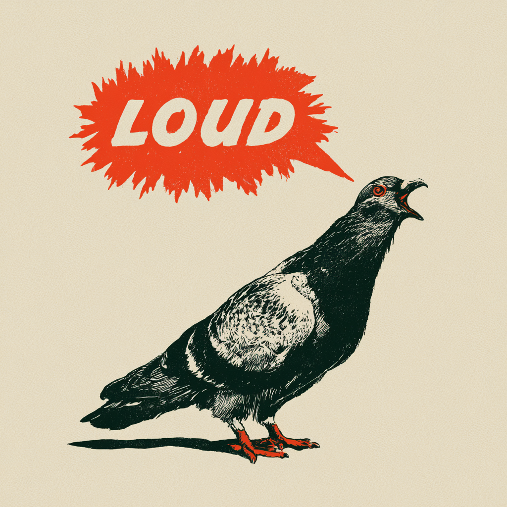 Screen-print illustration of a pigeon yelling LOUD